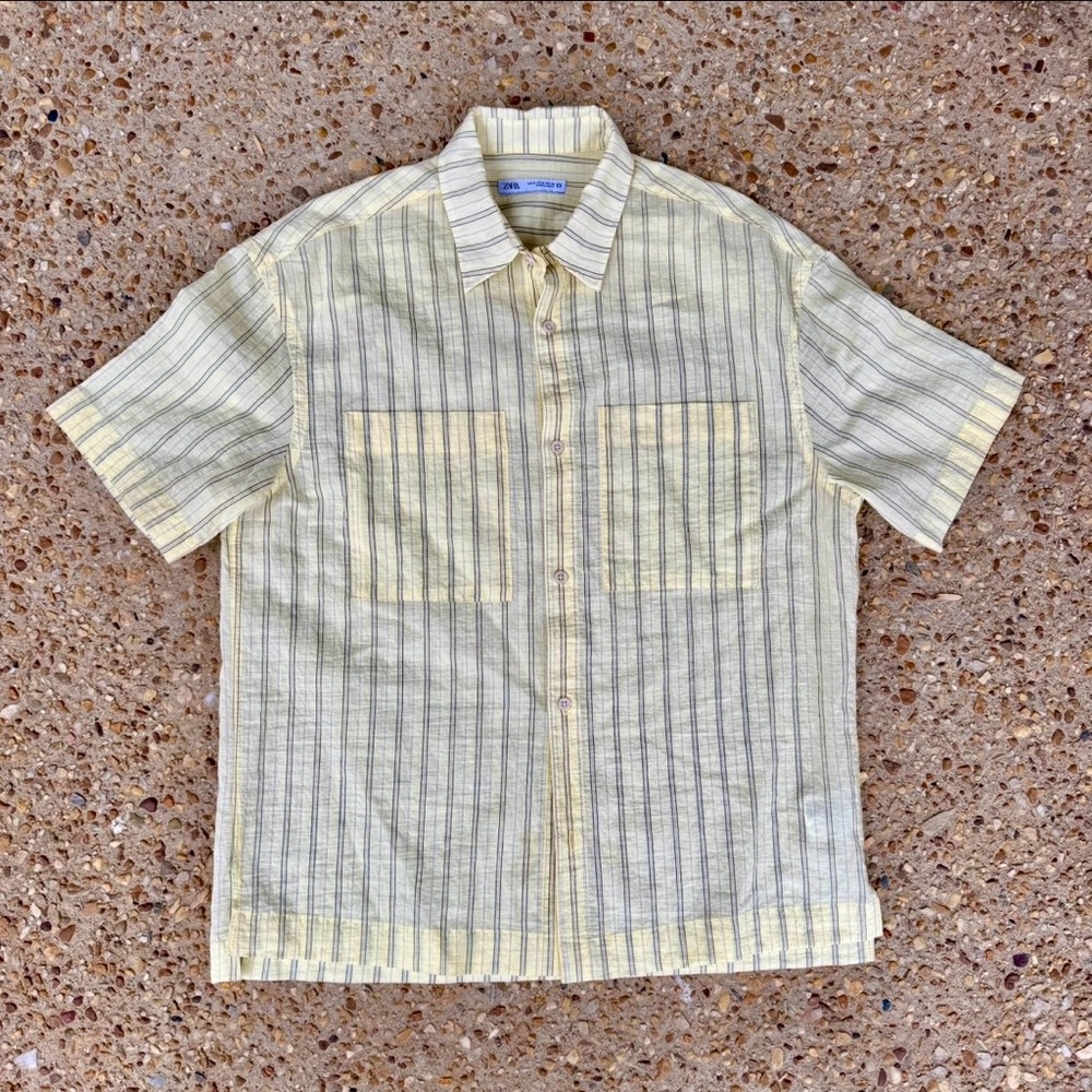 Zara Men’s Pale Yellow Striped Viscose Blend Button Down Casual Shirt Size M